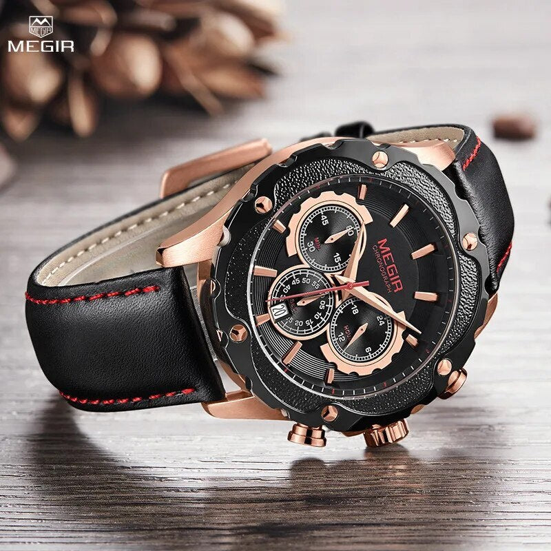 MEGIR Luxury Sports Watches for Men Waterproof Quartz Wrist Watch Chronograph Fashion Leather Military Clock Reloj Hombre 2070-0