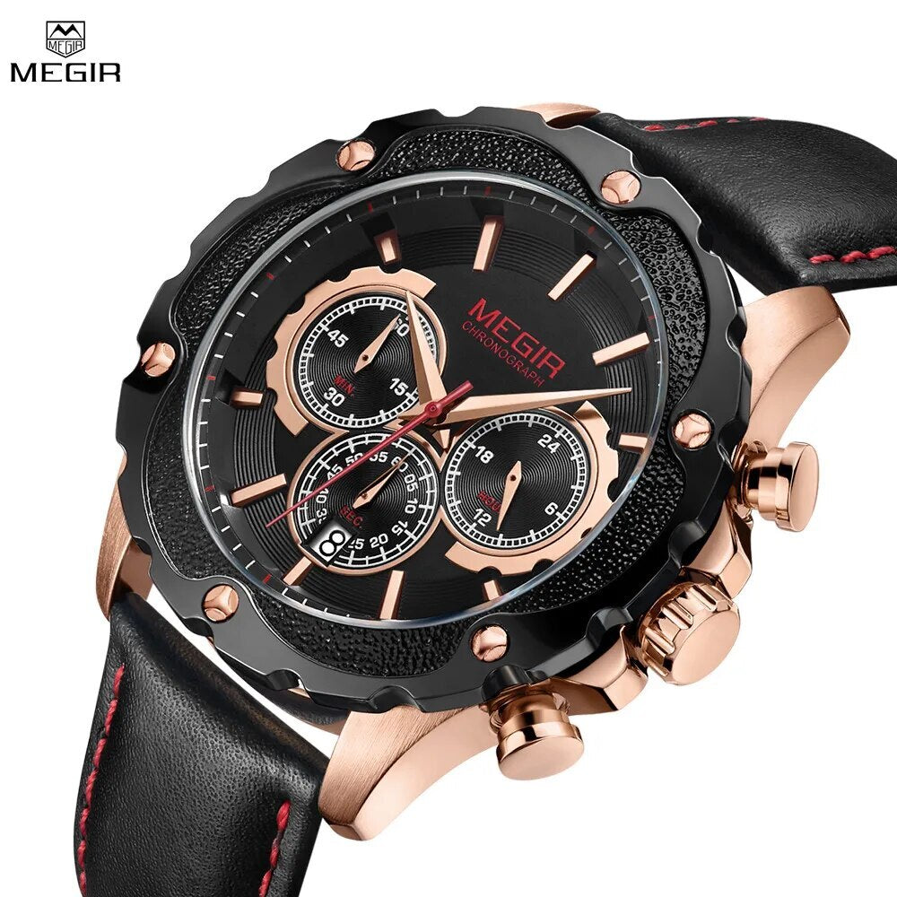 MEGIR Luxury Sports Watches for Men Waterproof Quartz Wrist Watch Chronograph Fashion Leather Military Clock Reloj Hombre 2070-1