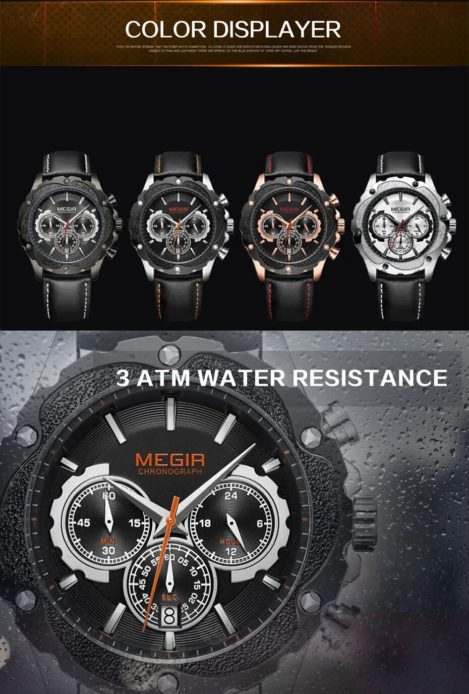 MEGIR Luxury Sports Watches for Men Waterproof Quartz Wrist Watch Chronograph Fashion Leather Military Clock Reloj Hombre 2070-4