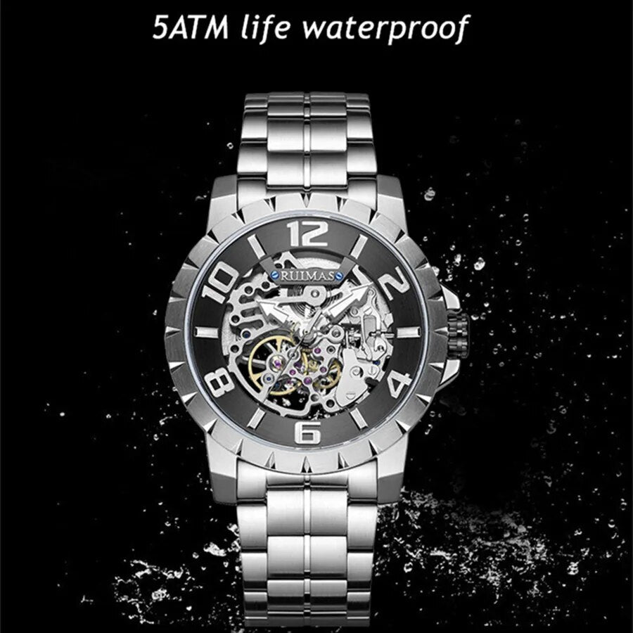 RUIMAS Men Mechanical Watch Luxury Automatic Stainless Steel Bracelet Wristwatches 5ATM Waterproof Clock Relogio Masculino-4