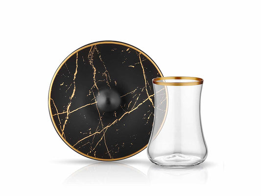 Dervish Marble Tea Glass and Saucer - Black & Mat Gold-0