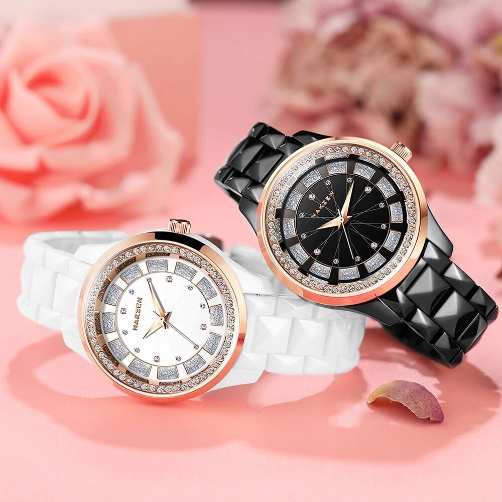 NAKZEN Design Quartz Ladies Watch High Quality Ceramic Bracelet White Watches Luxury Diamond Clock Gifts for Women Relojes De Mu-0