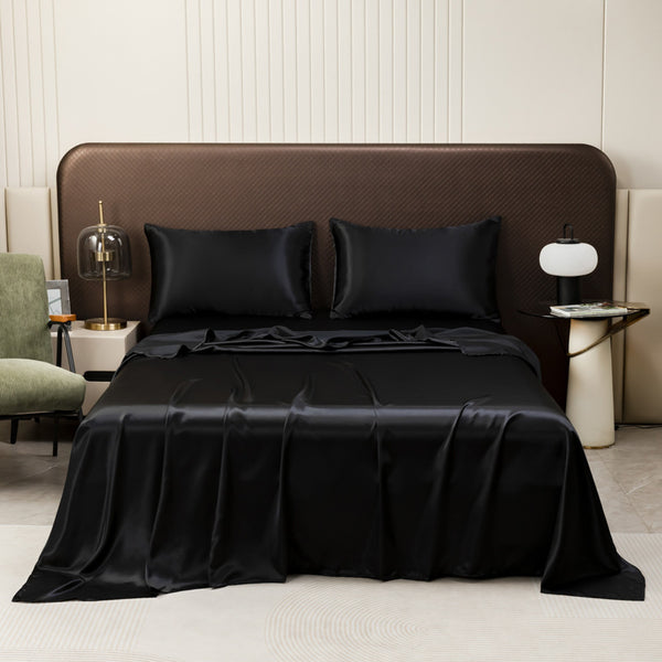 Satin Sheet Set with Fitted Sheet, Flat Sheet and Pillowcases, Silky...