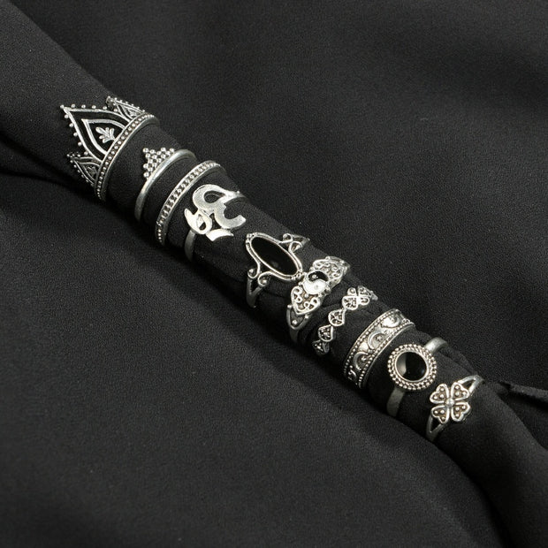 Tocona 10pcs/Set Bohemia Antique Silver Crown Star Moon Flower Carved Rings Sets Opal Stone Knuckle Rings - Memoriex