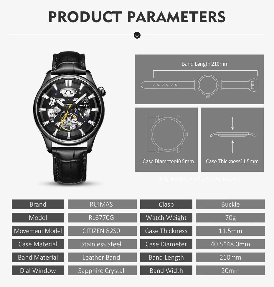 RUIMAS Men Mechanical Wristwatch Fashion Casual Leather Band Watch Luxury Sport Wrist Watch Chronograph Luminous Man Clock 6770-2