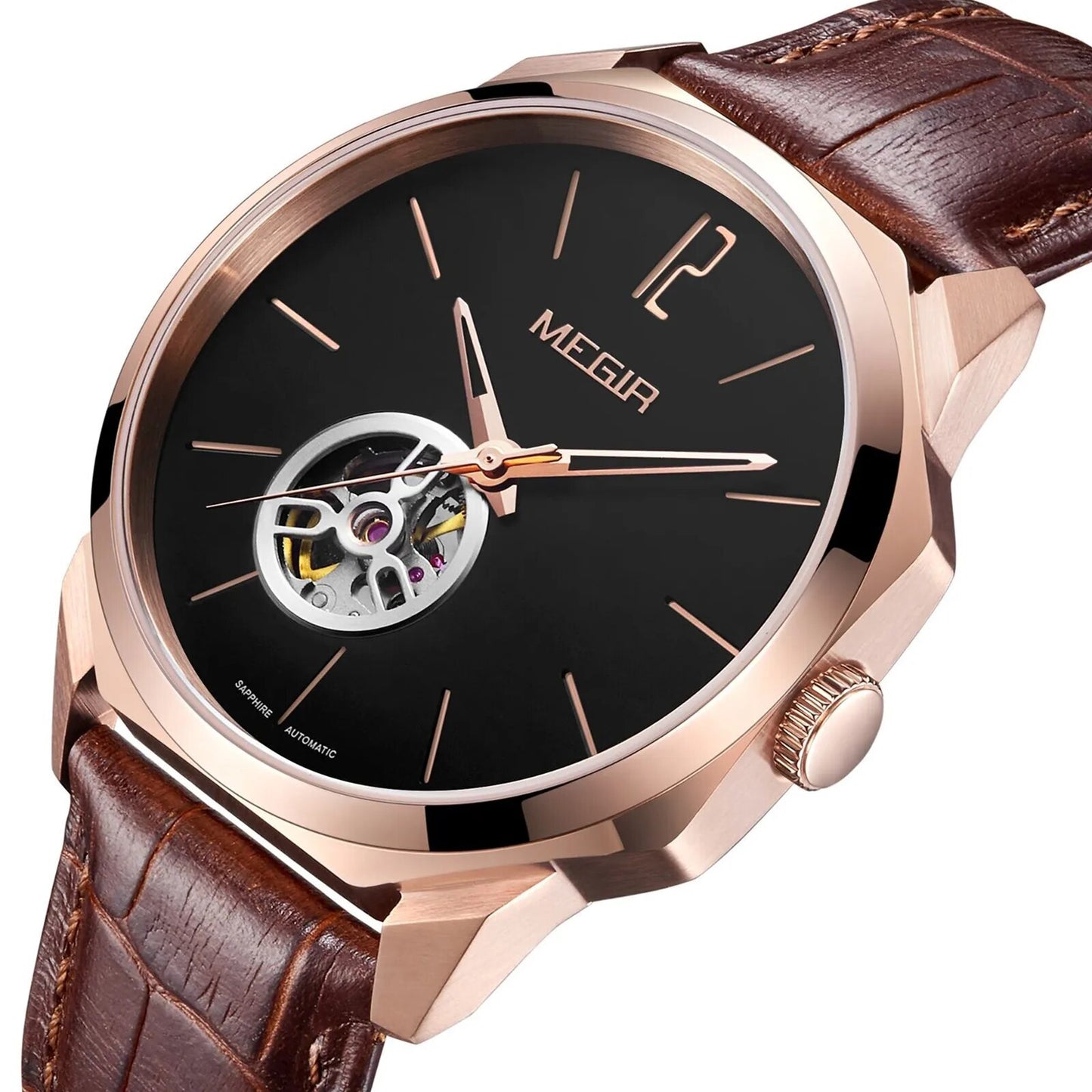 MEGIR Retro Men's Wristwatch Luxury Automatic Mechanical Watches Leather Strap Sapphire 5ATM Waterproof Watch Relogio Masculino-2