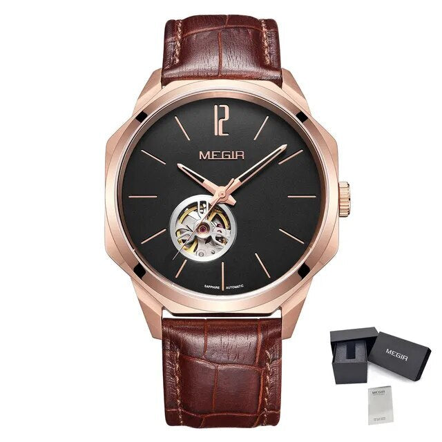 MEGIR Retro Men's Wristwatch Luxury Automatic Mechanical Watches Leather Strap Sapphire 5ATM Waterproof Watch Relogio Masculino-6