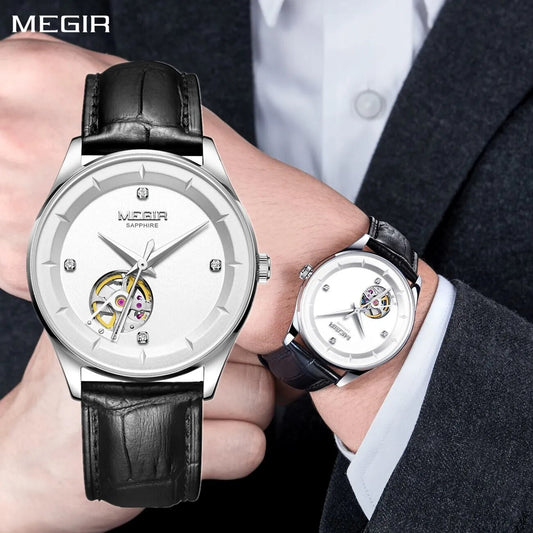 MEGIR Fashion Leather Strap Wristwatch for Men Large Dial Sapphire Automatic Mechanical Watch Clock Relogio Masculino-0