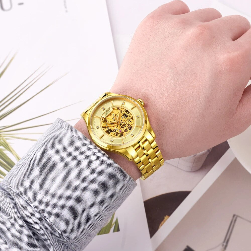 MEGIR Luxury Men Watches Waterproof Automatic Mechanical Watch Stainless Steel Sapphire Gold Business WristWatch Reloj Hombre-2