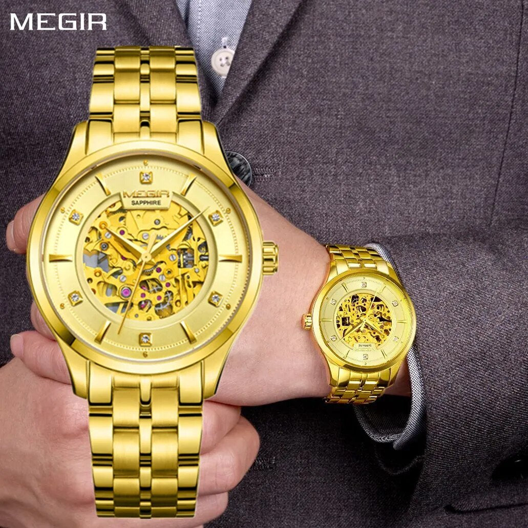 MEGIR Luxury Men Watches Waterproof Automatic Mechanical Watch Stainless Steel Sapphire Gold Business WristWatch Reloj Hombre-0