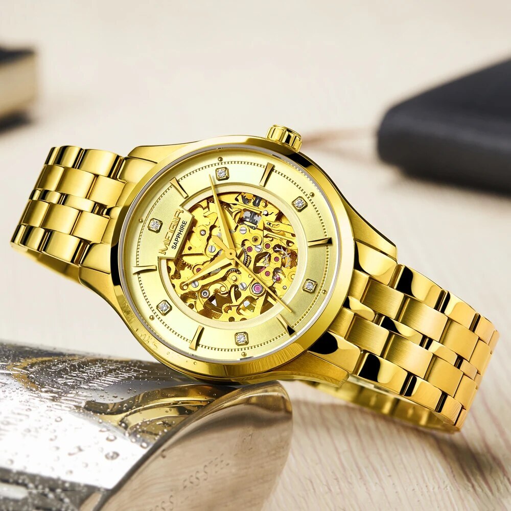 MEGIR Luxury Men Watches Waterproof Automatic Mechanical Watch Stainless Steel Sapphire Gold Business WristWatch Reloj Hombre-3