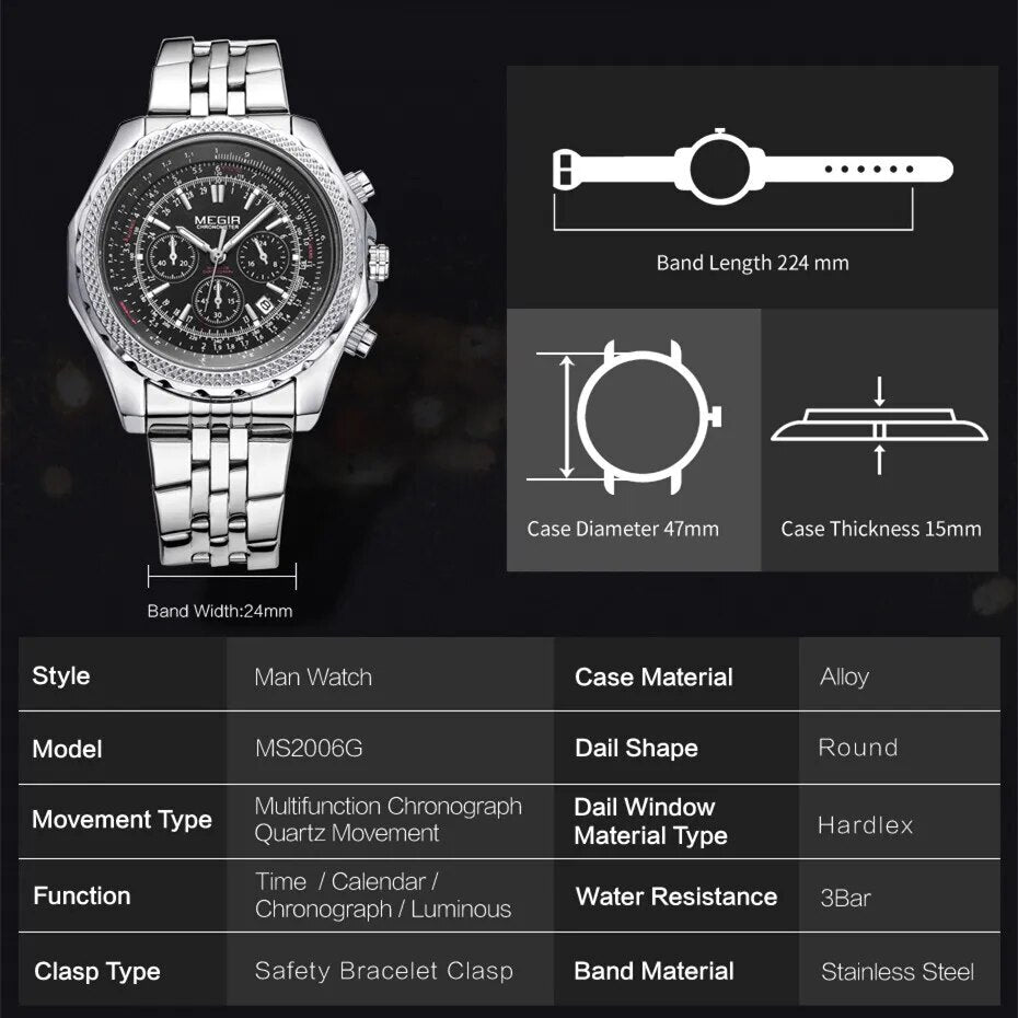 MEGIR Fashion Business Men's Watch Stainless Steel Quartz Wristwatch Calendar Big Dial Man Military Sports Chronograph Clock-3