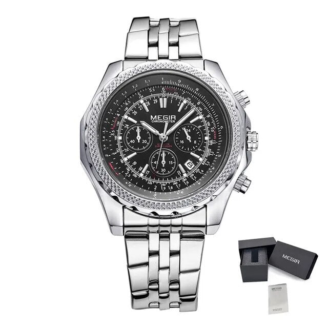 MEGIR Fashion Business Men's Watch Stainless Steel Quartz Wristwatch Calendar Big Dial Man Military Sports Chronograph Clock-6