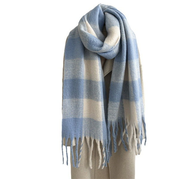 Soft Brushed Plaid Scarf — Wide Fuzzy Winter Shawl with Tassels for...