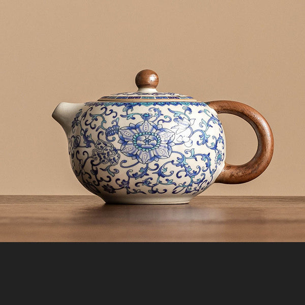 Blue and White Lotus Ceramic Teapot and Water Bowl Set