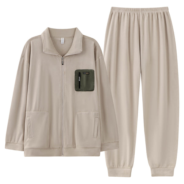 Men's Thick Zip-Up Pyjama Set, Stand Collar Long Sleeve Top and Trousers, Warm Winter Loungewear