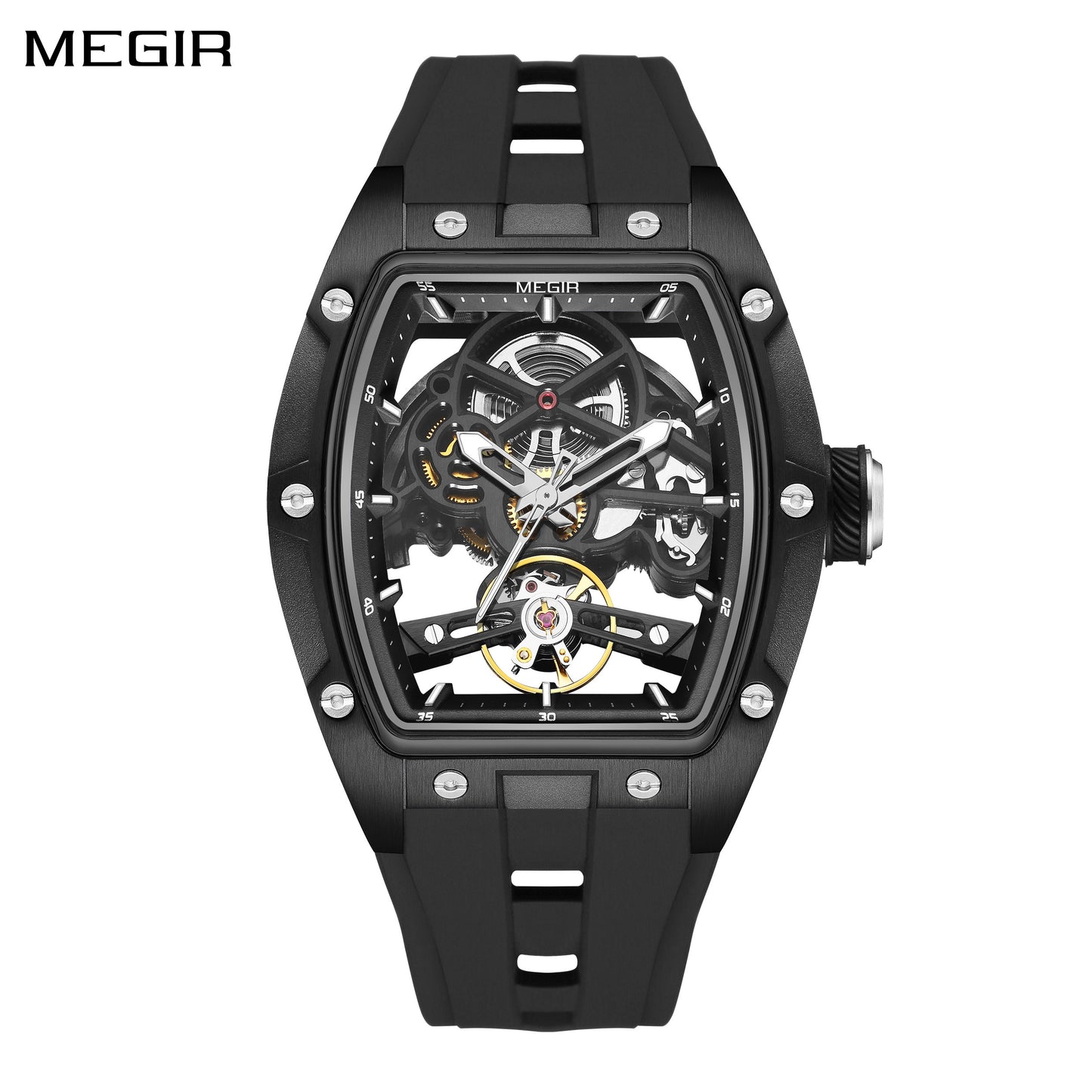 MEGIR 100% Original Fashion Men Watches Automatic Mechanical Watch Steel Case Sport Skeleton Wristwatch Waterproof Clock Reloj Hombre-0