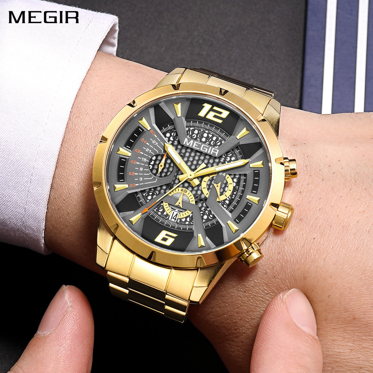 MEGIR Stainless Steel Watch for Men Luxury Business Watch Casual Quartz Date Clock Chronograph Big Dial Wristwatch Reloj Hombre-0