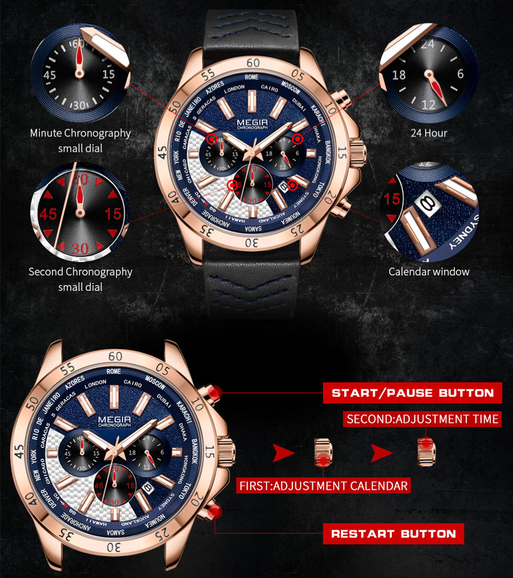 MEGIR Sports Watches for Mens Luxury Quartz Clock Chronograph Leather Fashion Casual Wristwatch Army Military Watch Reloj Hombre-10