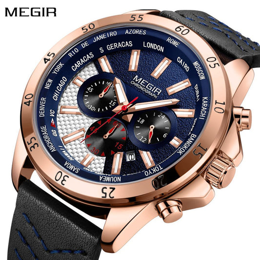 MEGIR Sports Watches for Mens Luxury Quartz Clock Chronograph Leather Fashion Casual Wristwatch Army Military Watch Reloj Hombre-0