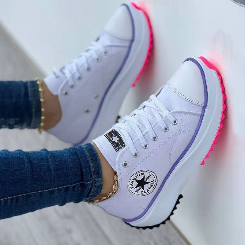 Leisure single shoe women's solid color thick sole lace up canvas shoes casual shoes - Memoriex 