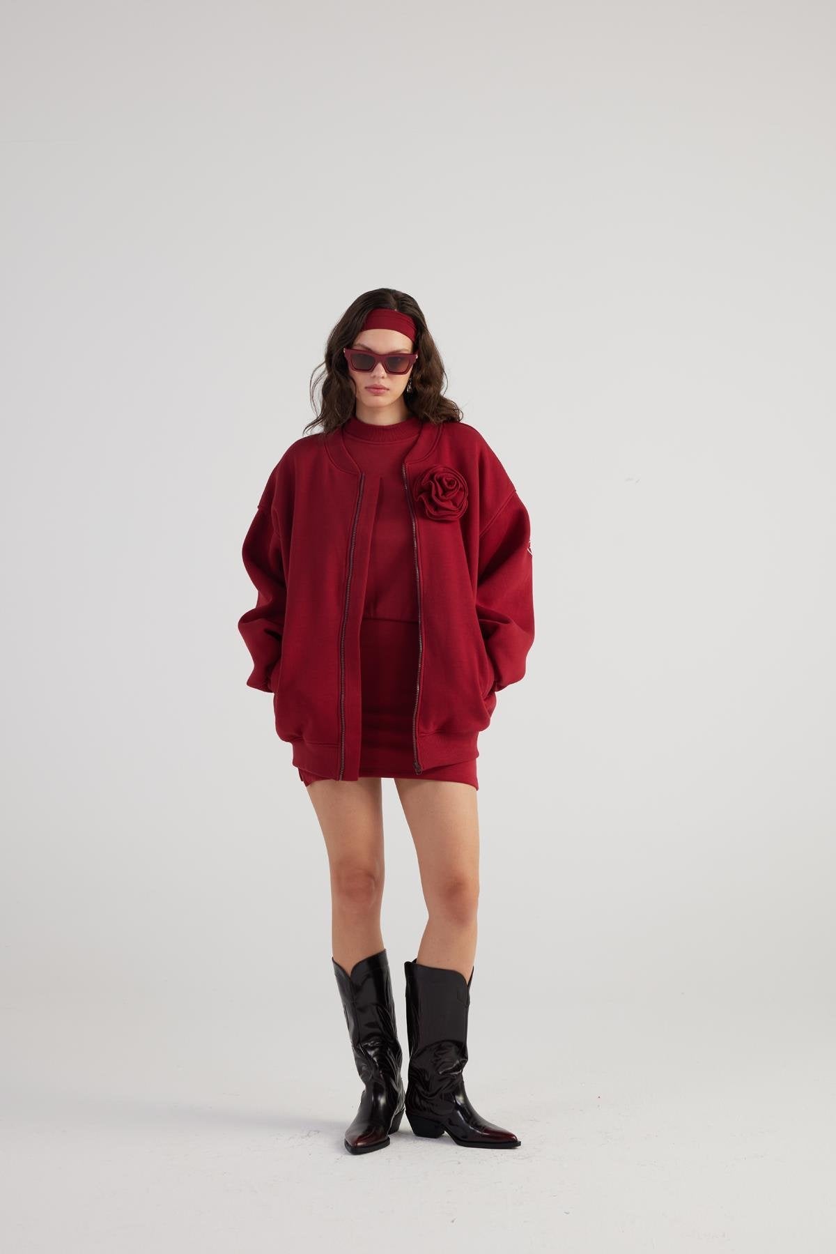 Alexa Burgundy Oversize Bomber Jacket with Removable Rose Accessory - Memoriex 