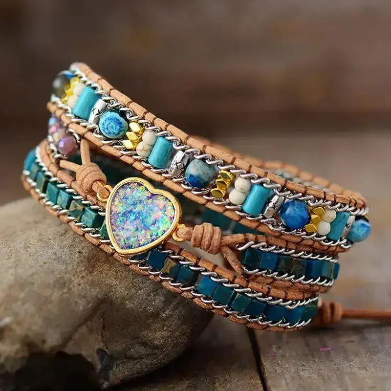 Blue Heart Opal Leather  Bracelet-1