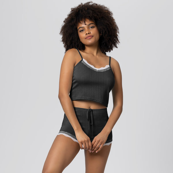 Women's Ribbed Lace Trim Cami Pyjama Set, Shorts or Trousers,...