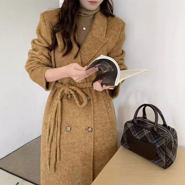 Women’s Longline Wool Blend Coat with Woven Belt