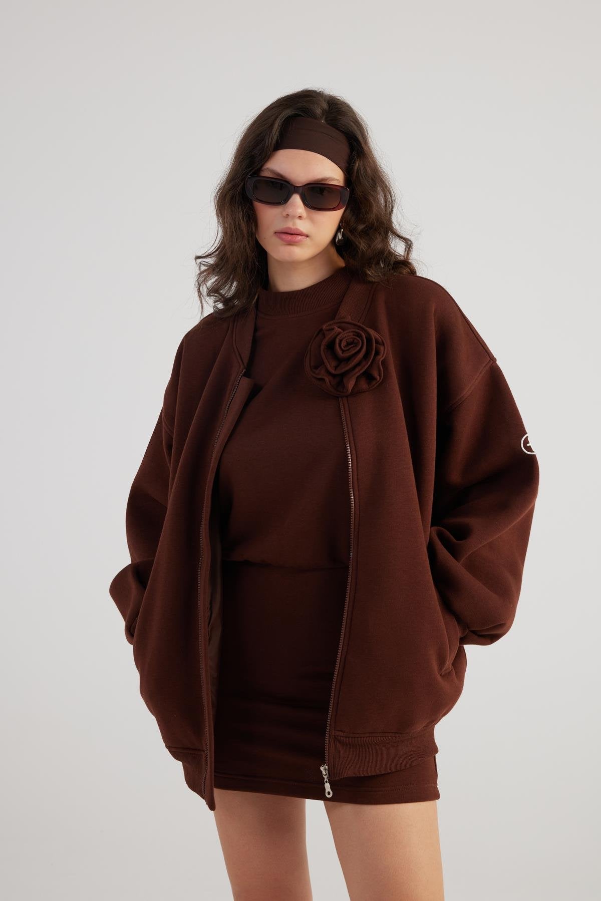 Alexa Brown Oversize Bomber Jacket with Removable Rose Accessory - Memoriex 