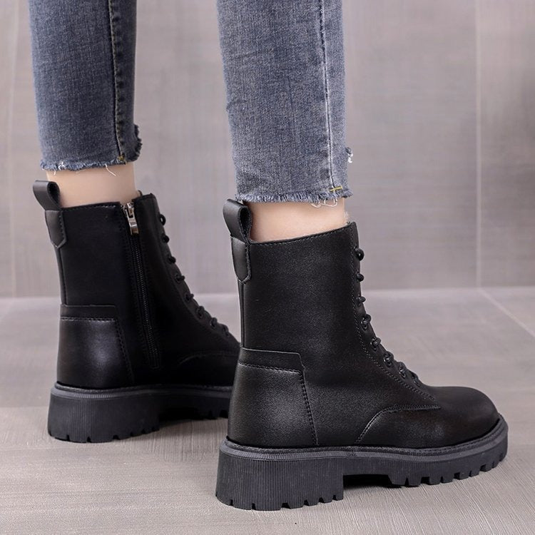 Snow boots, women's new cotton shoes, autumn and winter women's shoes, waterproof British style Martin short boots, thickened and plush in winter - Memoriex 