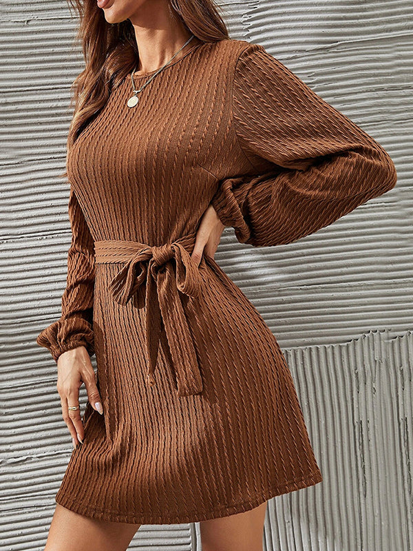 Long Sleeves Loose Hollow Solid Color Tied Waist Round-Neck Mini Dresses by migunica-1