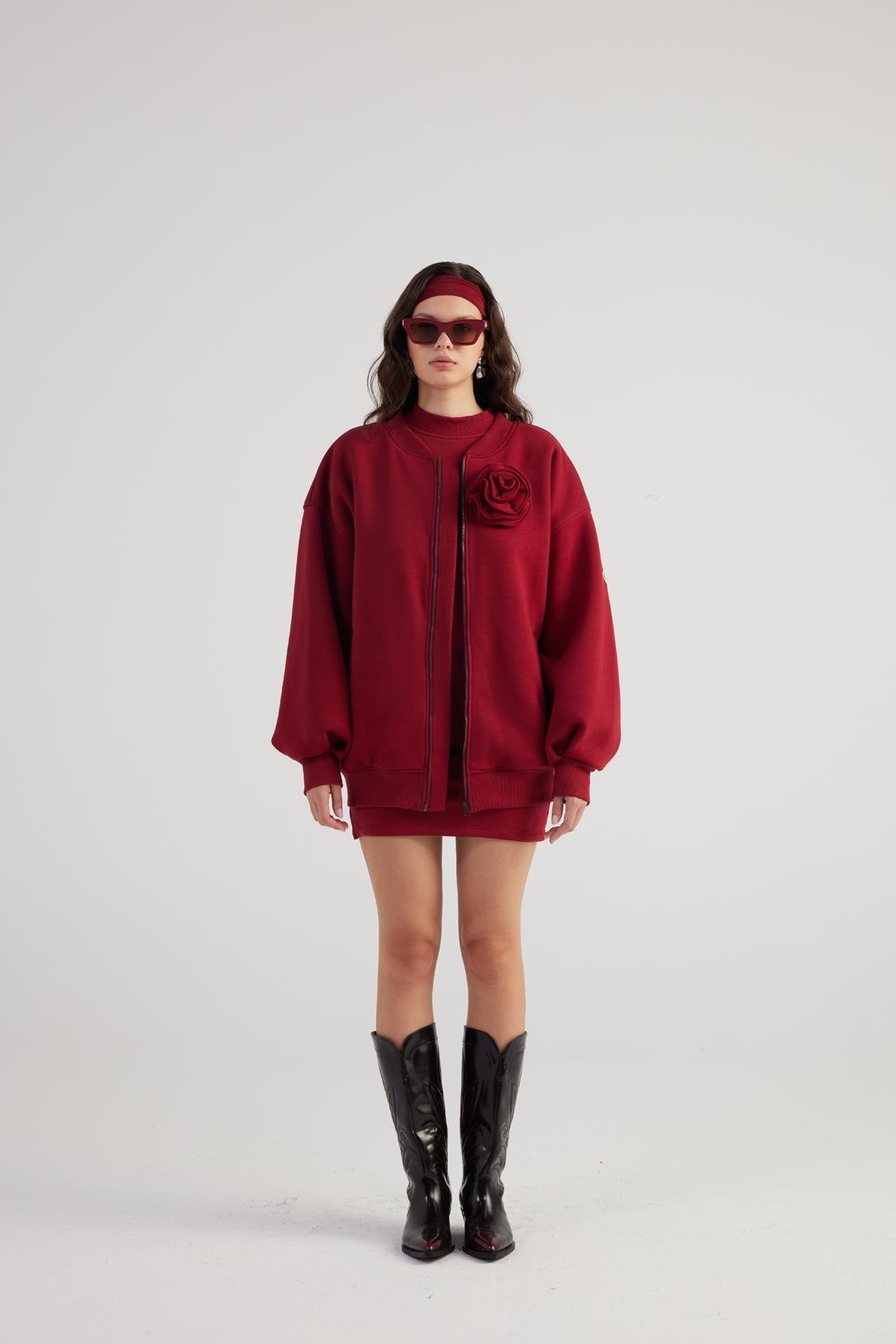 Alexa Burgundy Oversize Bomber Jacket with Removable Rose Accessory - Memoriex 