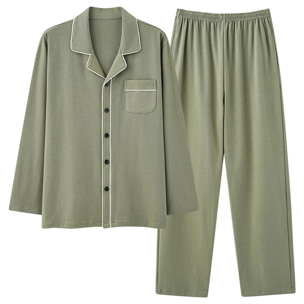 Men's Cotton Pyjama Set, Button-Front Collared Long Sleeve Top and Trousers, Classic Loungewear