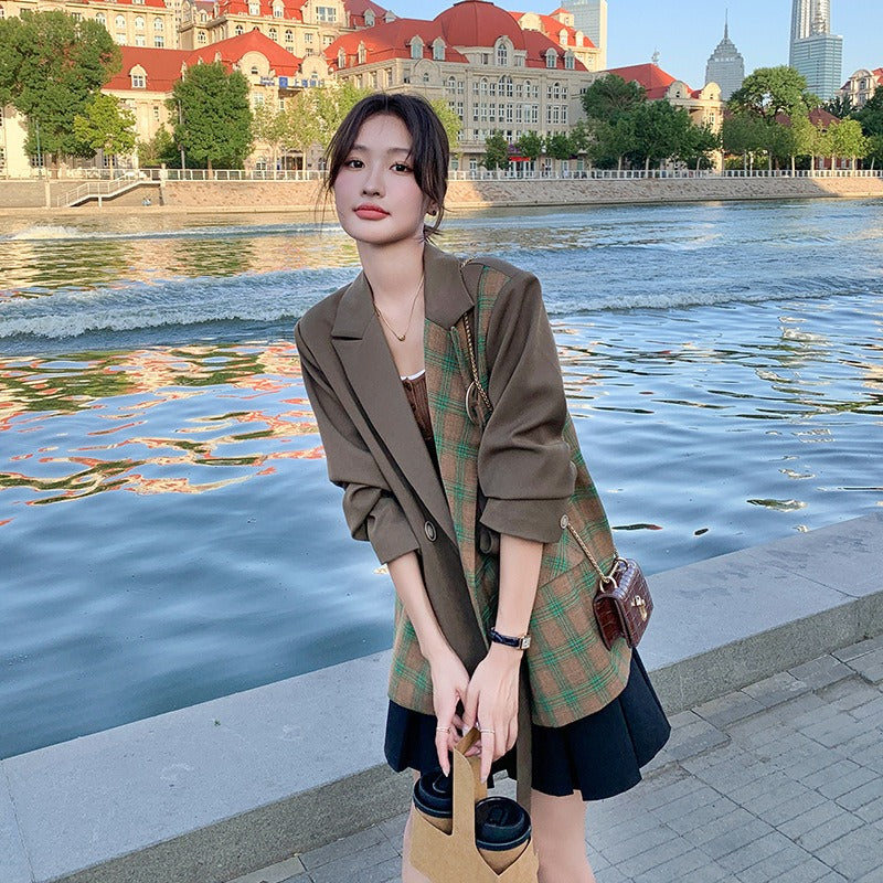 Unique and fashionable design with grid pattern splicing small suit jacket for women's petite suits