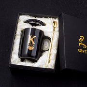 400ml Creative Gold Finger Printing Black Ceramic Coffee Mug Tea Cup With Gold Handle As Gift With Lid And Spoon - Memoriex