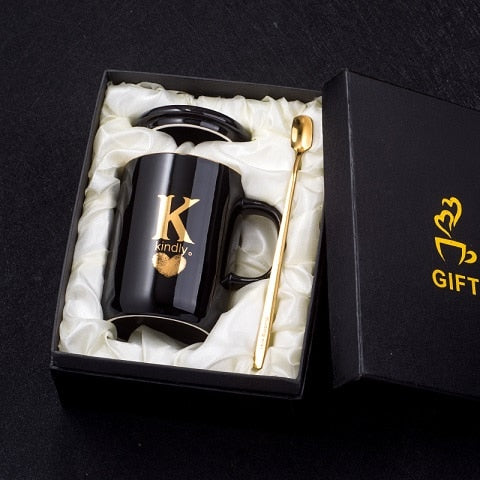 400ml Creative Gold Finger Printing Black Ceramic Coffee Mug Tea Cup With Gold Handle As Gift With Lid And Spoon - Memoriex