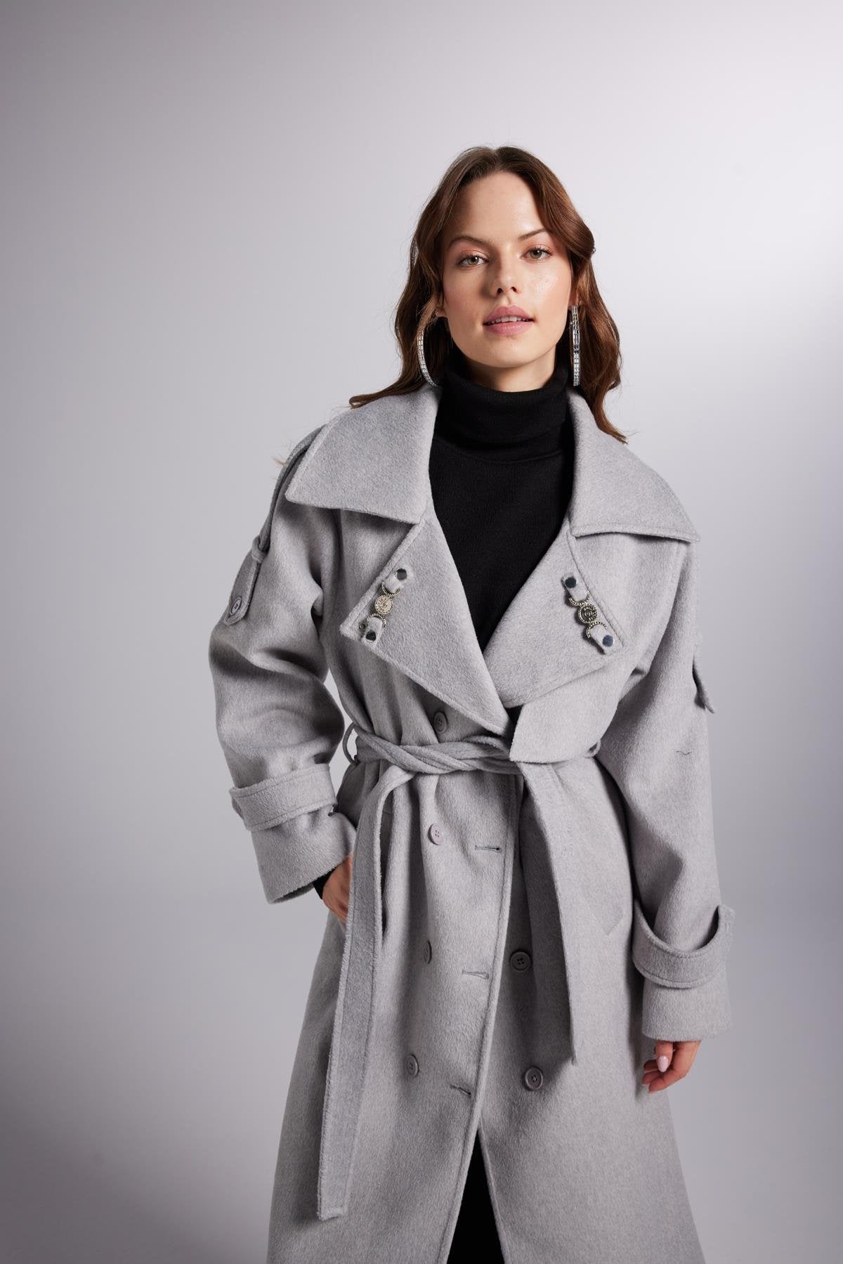 Accessorized Wool Blended Cashmere Maxi Woody Grey Coat-0