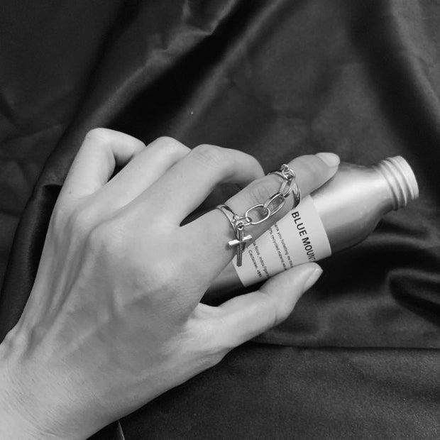 Silver Color Plated Retro Punk Hip-Hop Cross Ring Hand Finger Chain Adjustable Rings Jewelry Gift for Men Women Unisex Ring - Memoriex