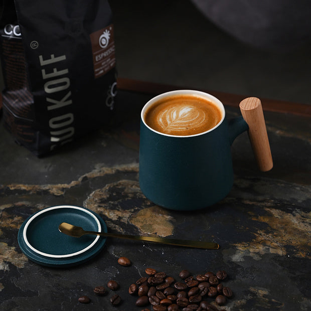 Creative Gift Personalized Ceramic Coffee Mug With Lid Spoon Rough Pottery Cup Lettering Couple Water Cup Logo - Memoriex