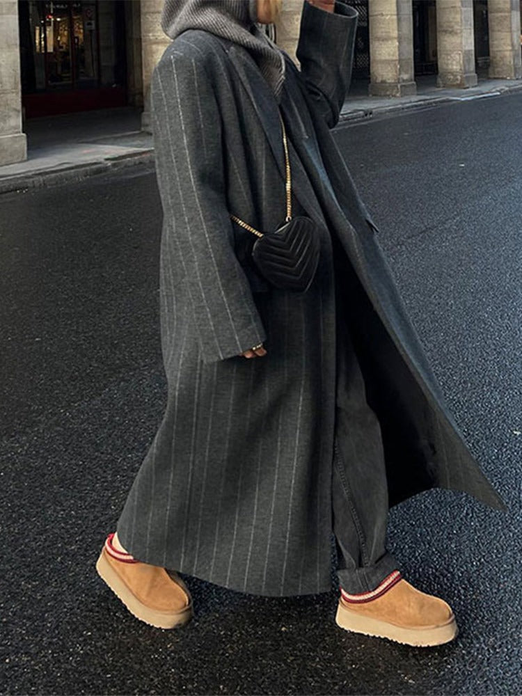 Collar striped long jacket coat fashionable jacket - Memoriex 