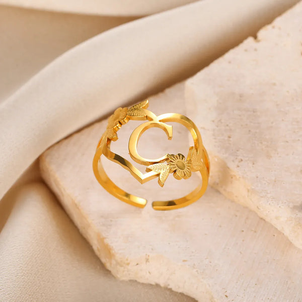 Stainless Steel Initials Flower Heart Rings Gold Color Adjustable Delicate Letter Leaf Rings For Women Girl Alphabet Jewelry - Memoriex