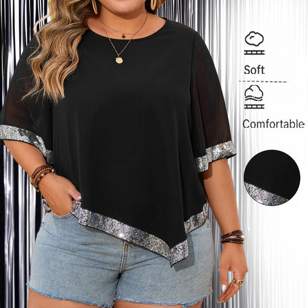 Women’s Plus-Size Black Loose-Fit Round-Neck Top with Asymmetric Hem