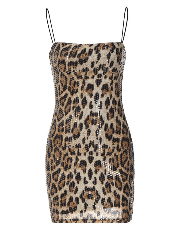 Fashionable leopard print street style nightclub versatile suspender beaded dress for women