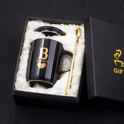 400ml Creative Gold Finger Printing Black Ceramic Coffee Mug Tea Cup With Gold Handle As Gift With Lid And Spoon - Memoriex