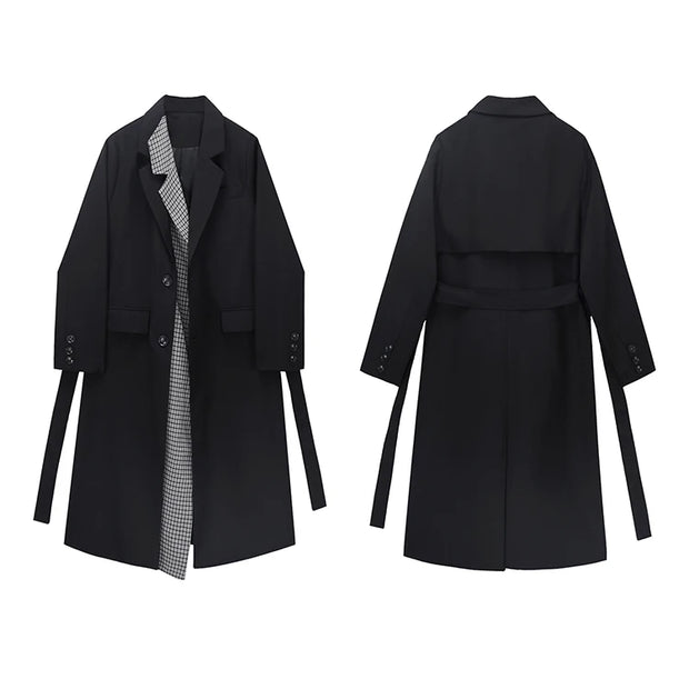 Women's Trench Coat | Plaid Single-breasted Stitching Loose Temperament Coat - Memoriex