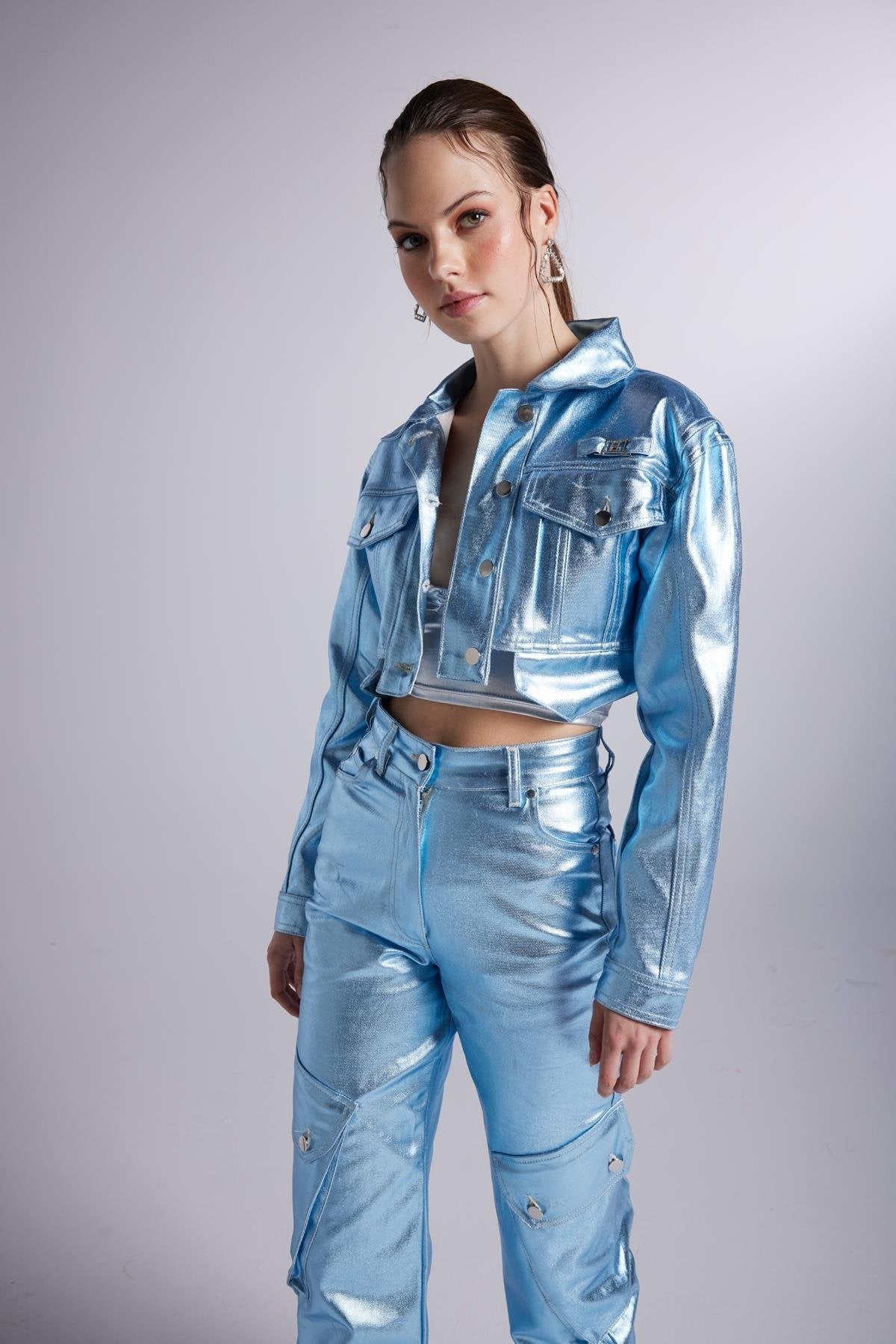 Metallic Blue Glossy Millen Cropped Jacket-2