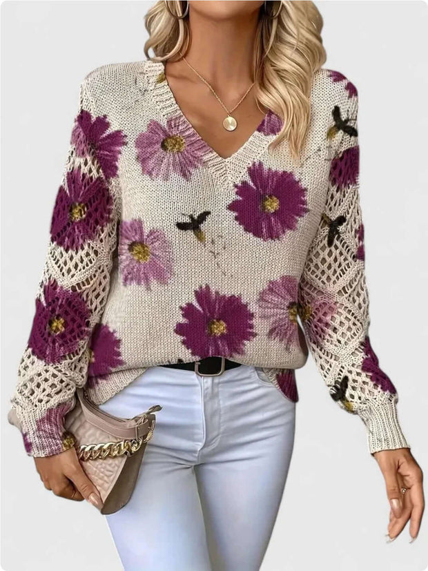 Elegant Bohemian Floral V-neck Long Sleeve Fashion Printed Sweater
