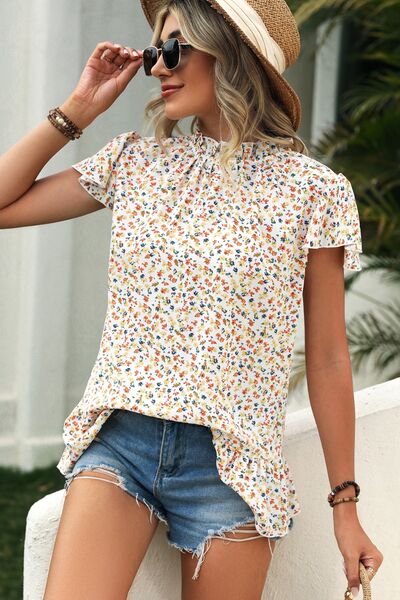 Ditsy Floral Mock Neck Short Sleeve T-Shirt by VYSN-1