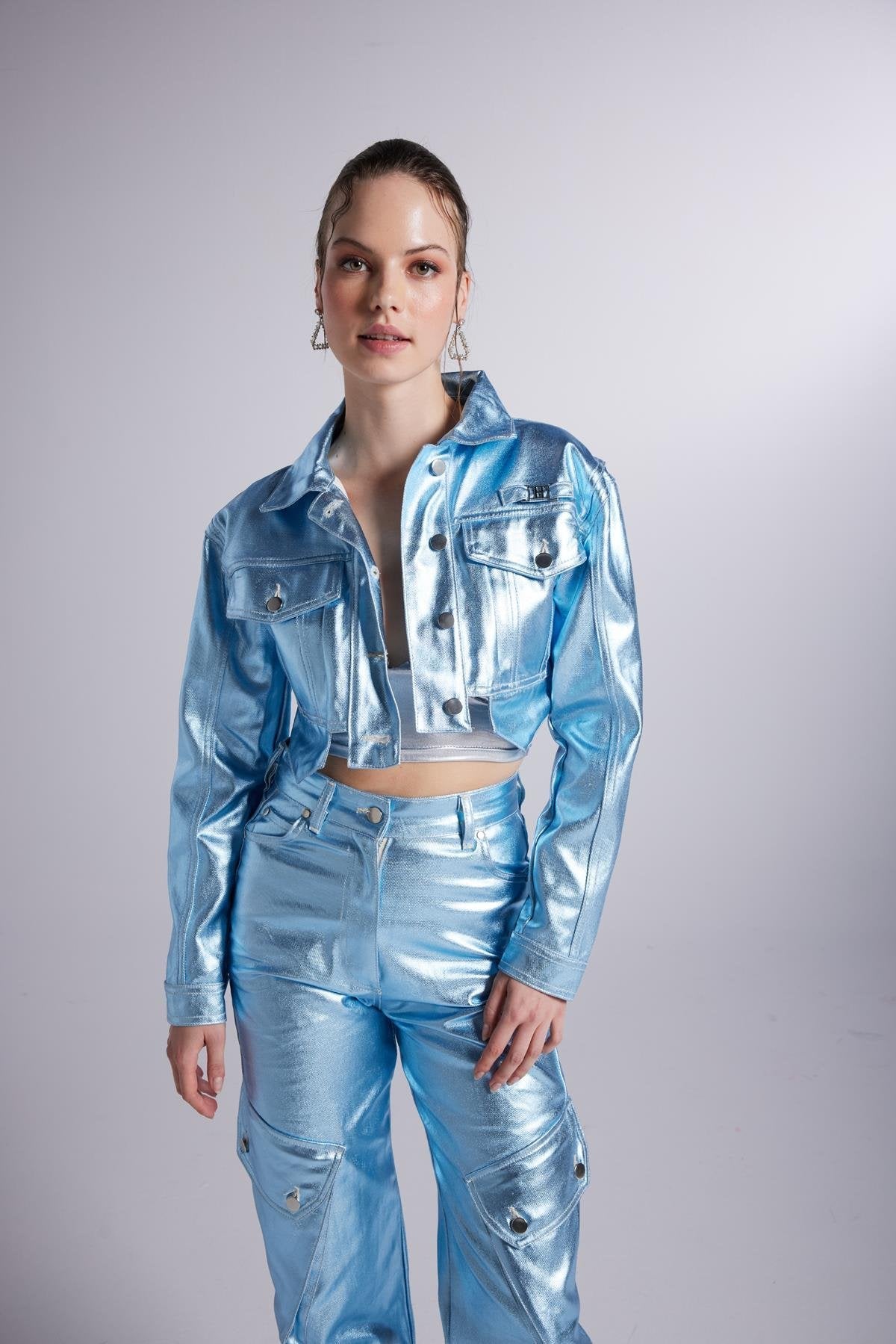 Metallic Blue Glossy Millen Cropped Jacket-1